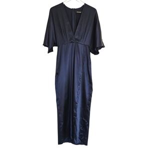 Reformation Navy Blue 100% Silk V-Neck Flutter Sleeve Midi Dress Front Slit Sz 2